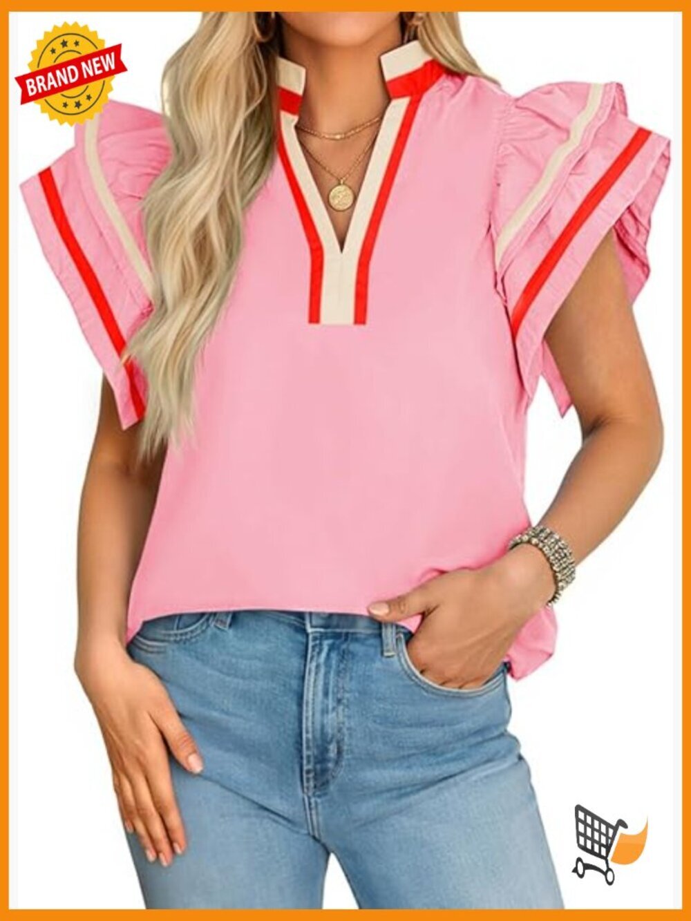 Color Block Ruffle Cap Sleeve V Neck Blouse Summer Pleated Loose Fit Shirt